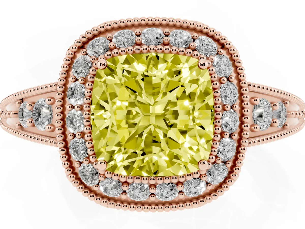 Fancy Yellow Cushion Cut Halo Diamond Split Shank Ring with Milgrain Detail Rose gold