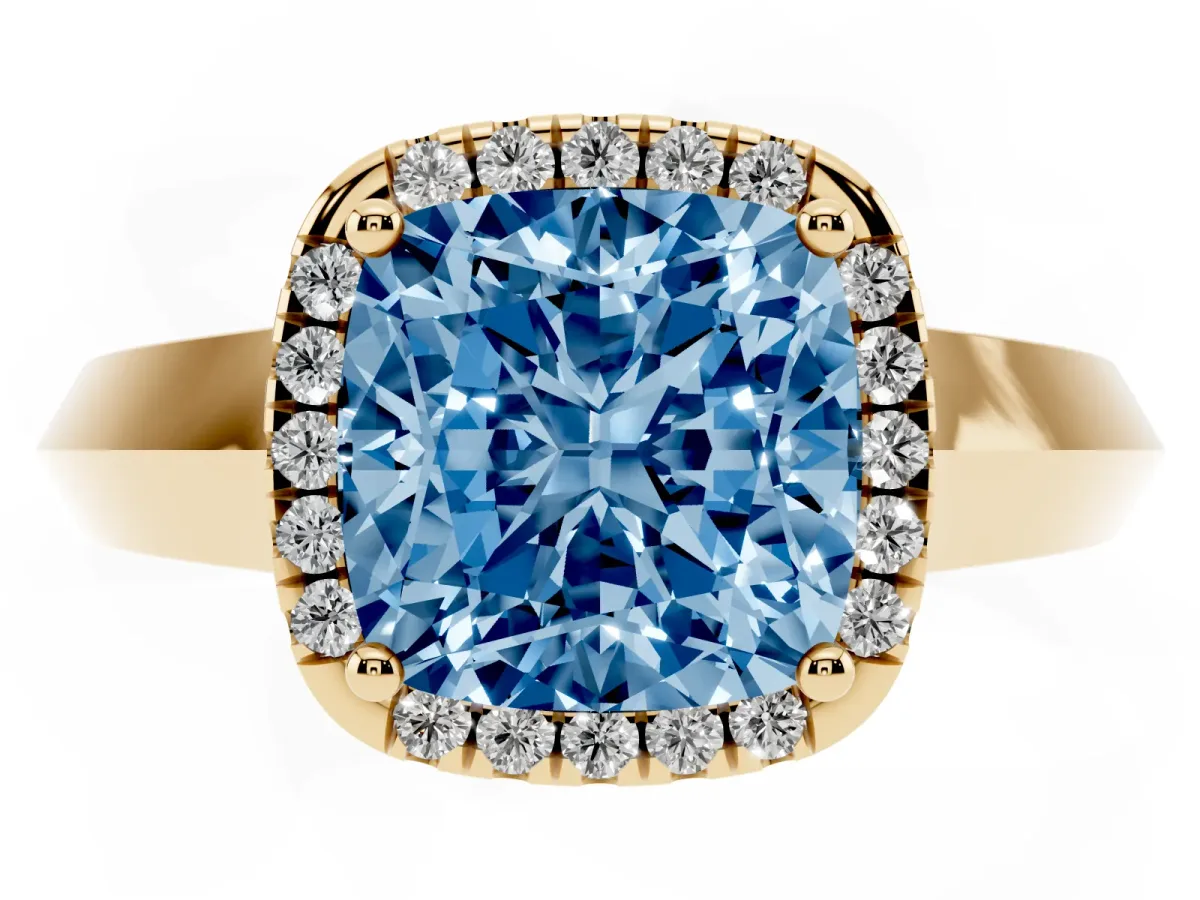 Fancy Blue Cushion Cut Halo Diamond Ring with Cathedral Band and Four-Prong Setting Yellow gold