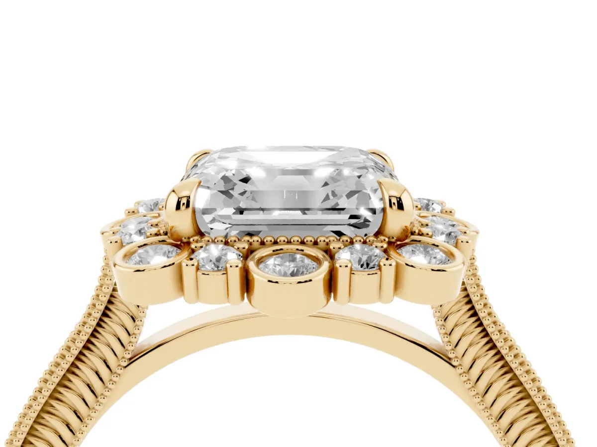 Asscher Cut Halo Milgrain Pave Diamond Ring with Four-Prong Setting Yellow gold
