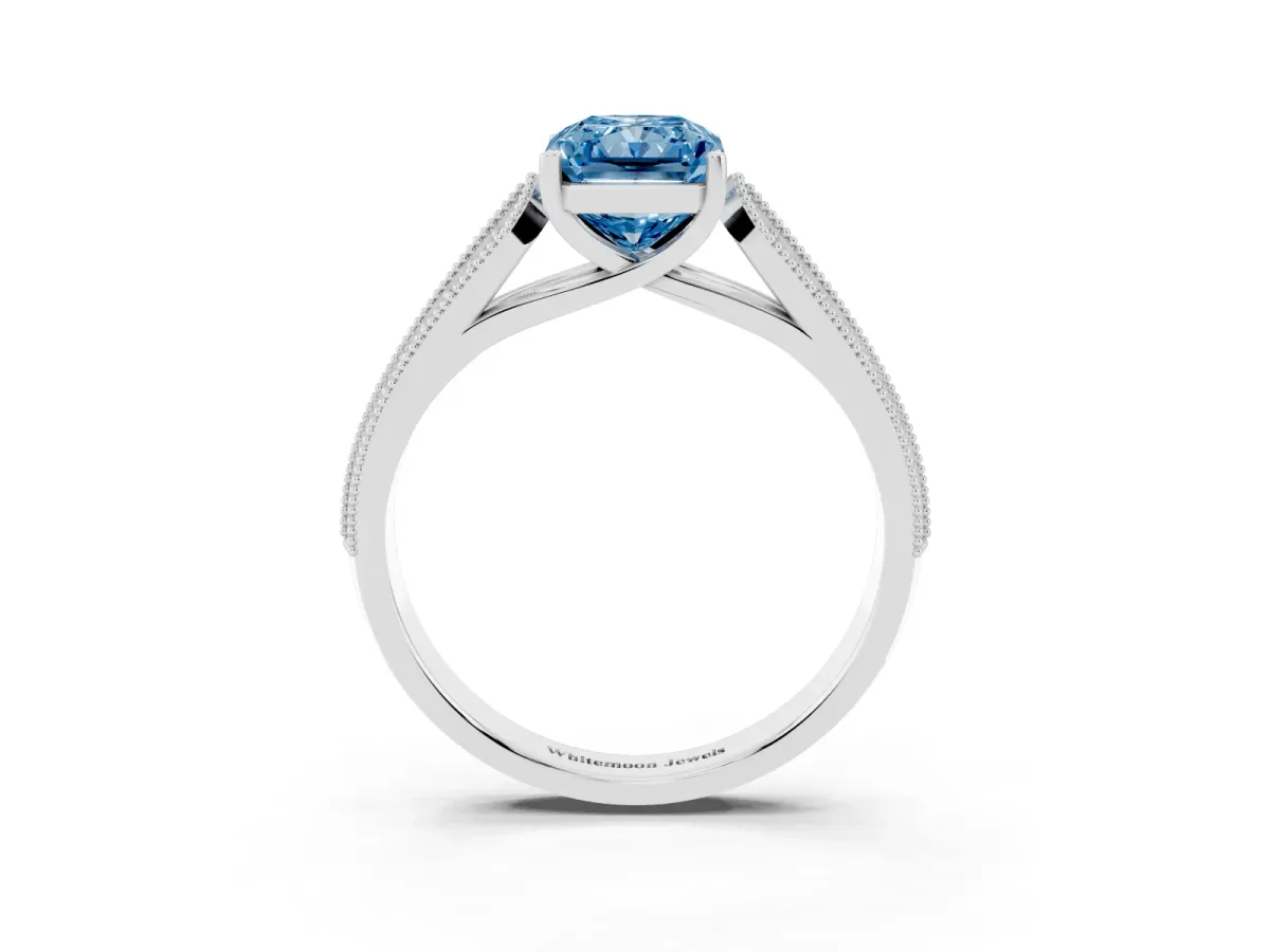Fancy Blue Radiant Cut Cut Pave Split Shank Engagement Ring with Four-Prong Setting White gold