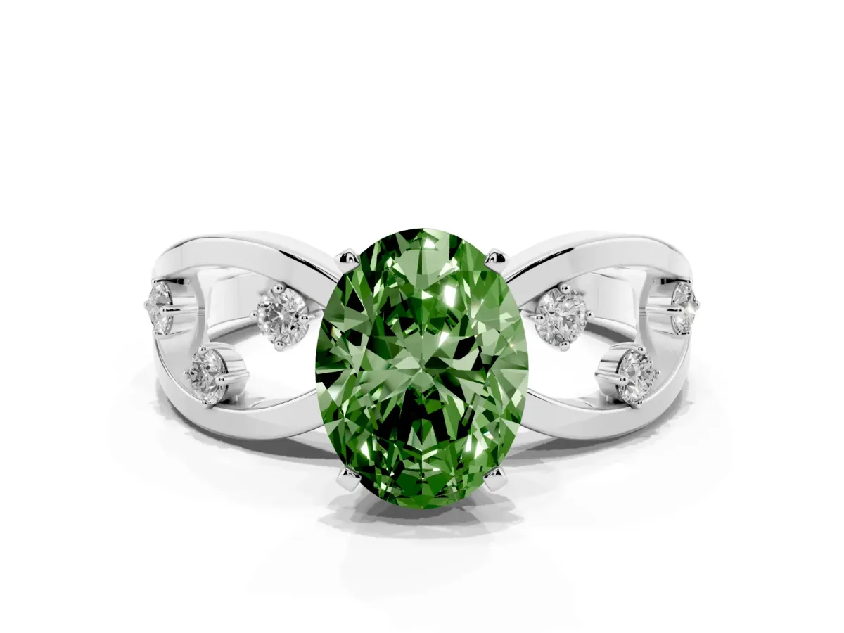 Fancy Green Oval Cut Cut Solitaire Diamond with Side Stones on Criss-Cross Band and Four-Prong Setting Silver