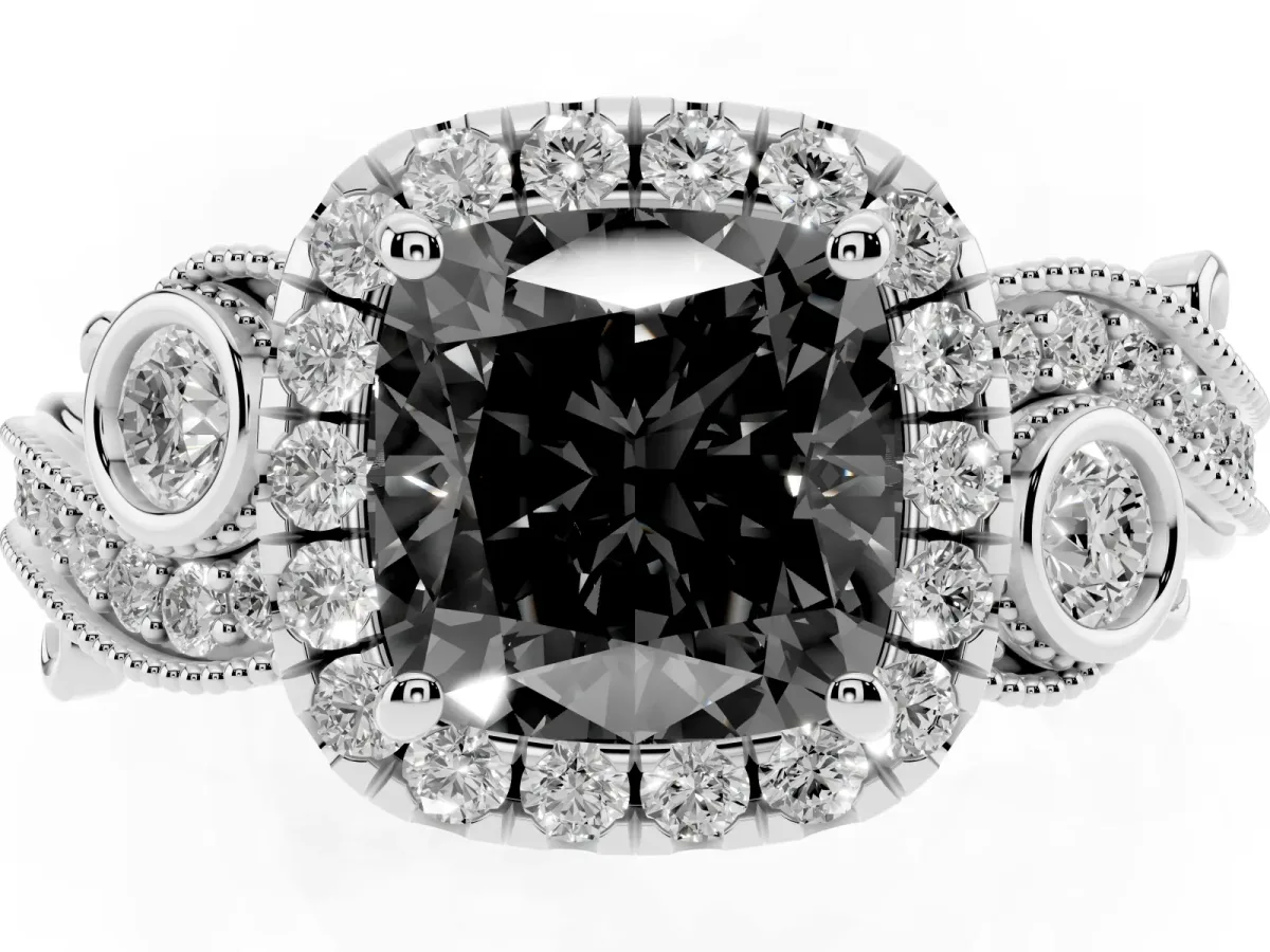 Fancy Black Cushion Cut Halo Diamond Ring with Milgrain and Bezel Accents on a Split Shank Band Platinum
