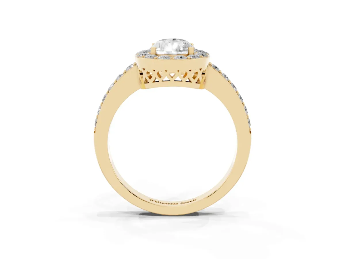 Pear Cut Halo Diamond Pavé Band Ring with Prong Setting Yellow gold