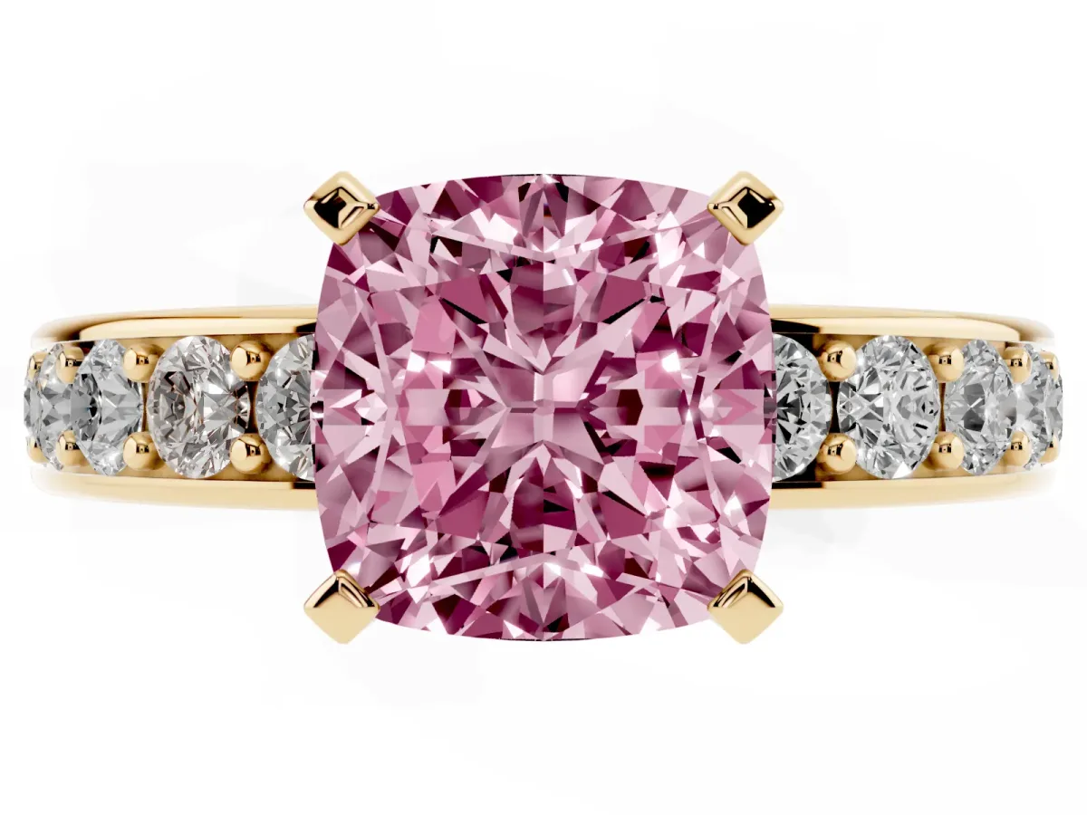 Fancy Pink Cushion Cut Diamond Engagement Ring with Channel Set Round Band and Prong Setting Yellow gold