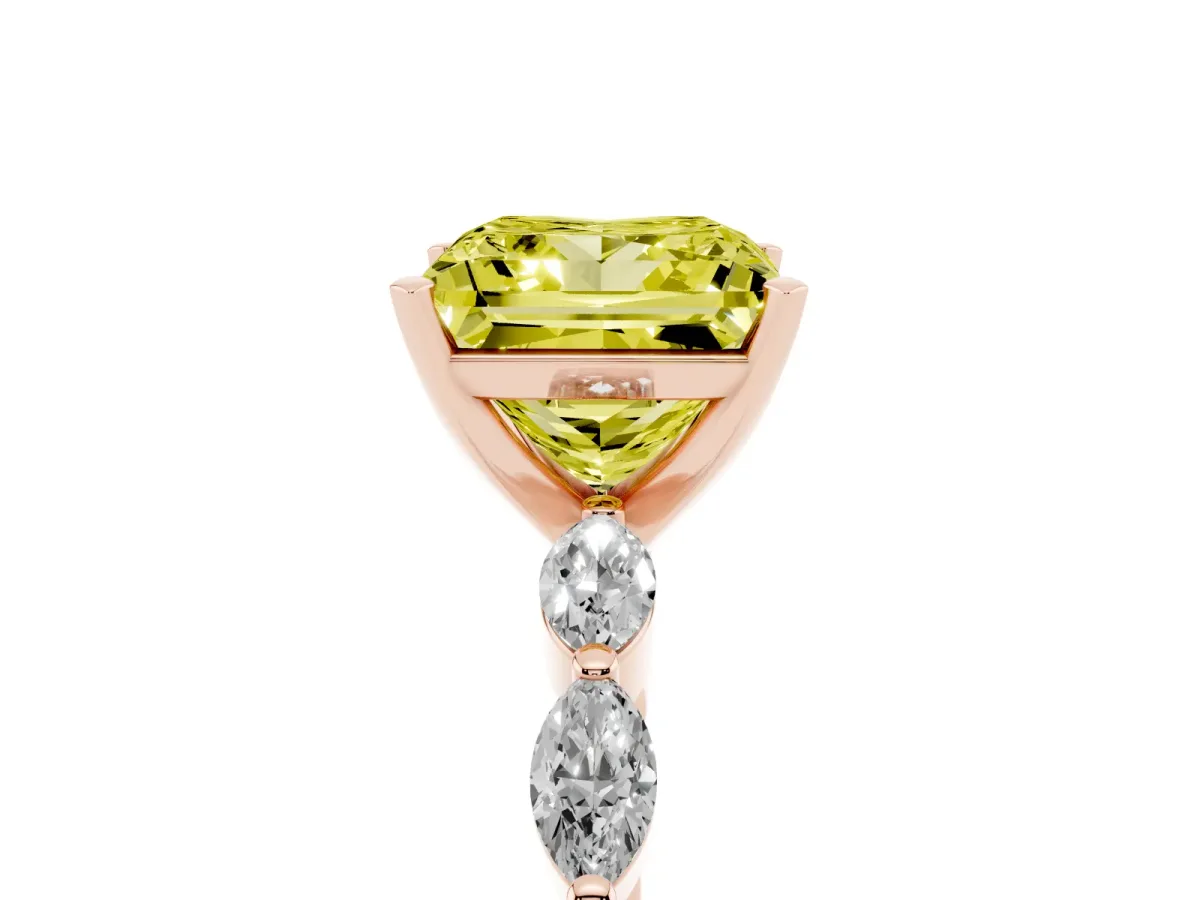 Fancy Yellow Princess Cut Diamond Ring with Marquise Side Stones and Prong Setting Rose gold