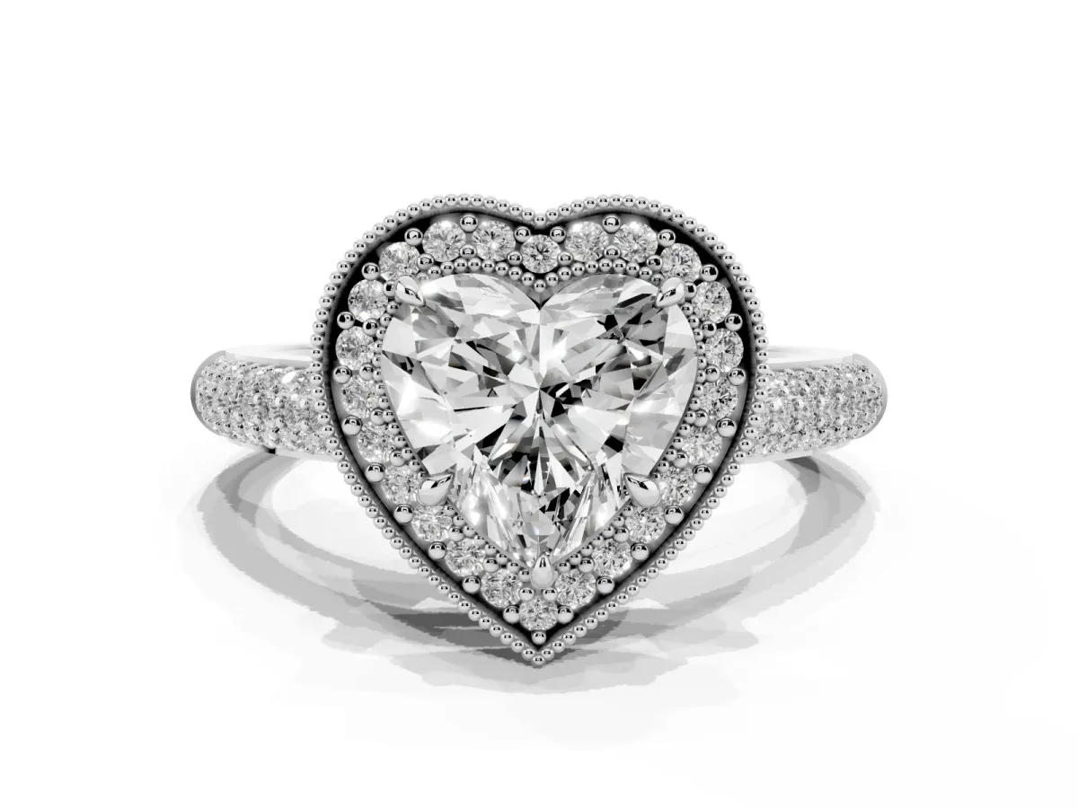Heart Cut Cut Halo Diamond Pave Band with Four-Prong Setting Silver