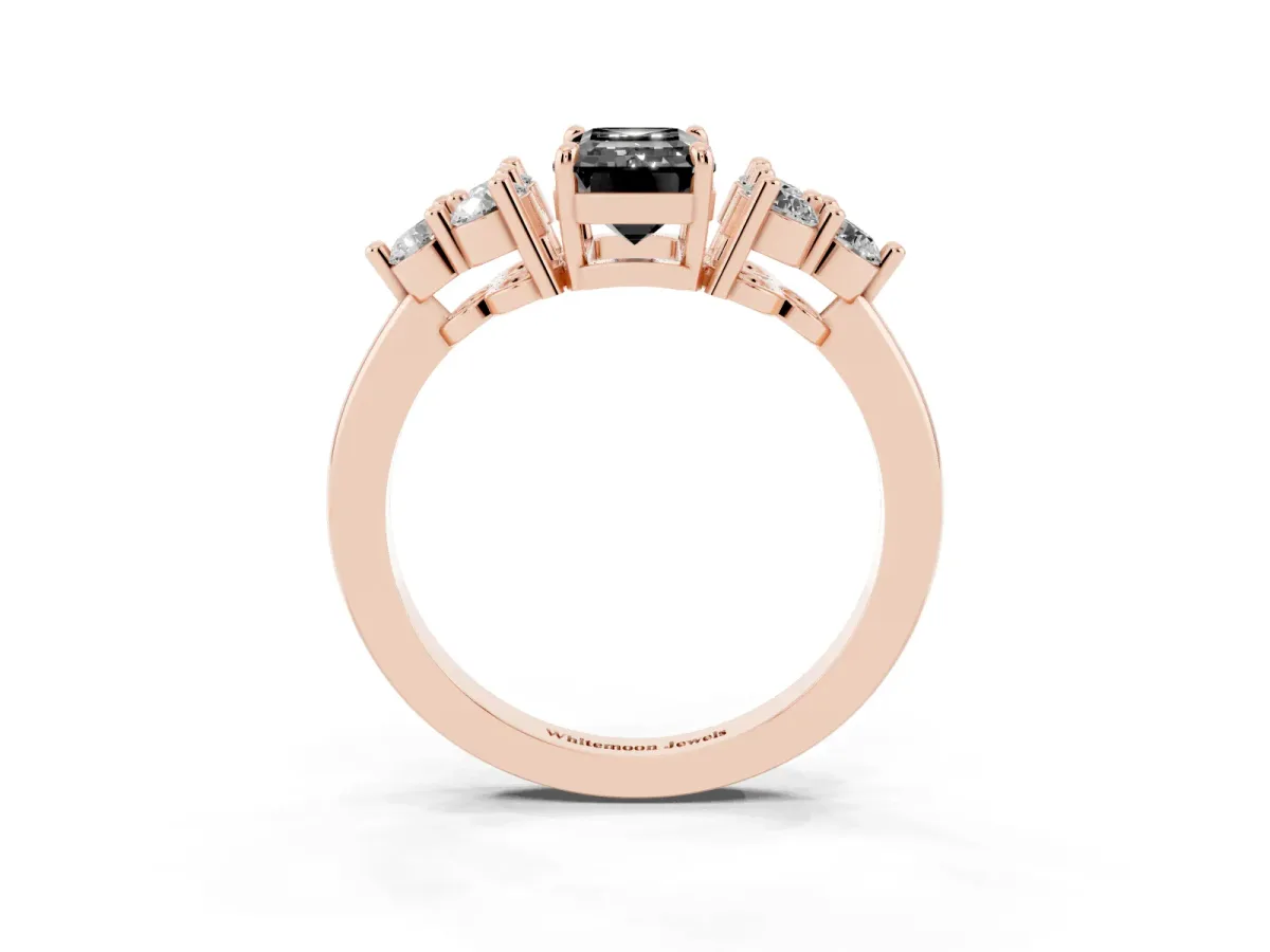 Fancy Black Emerald Cut Brilliant Diamond Cluster Accent Solitaire Ring with Prong Setting Rose gold