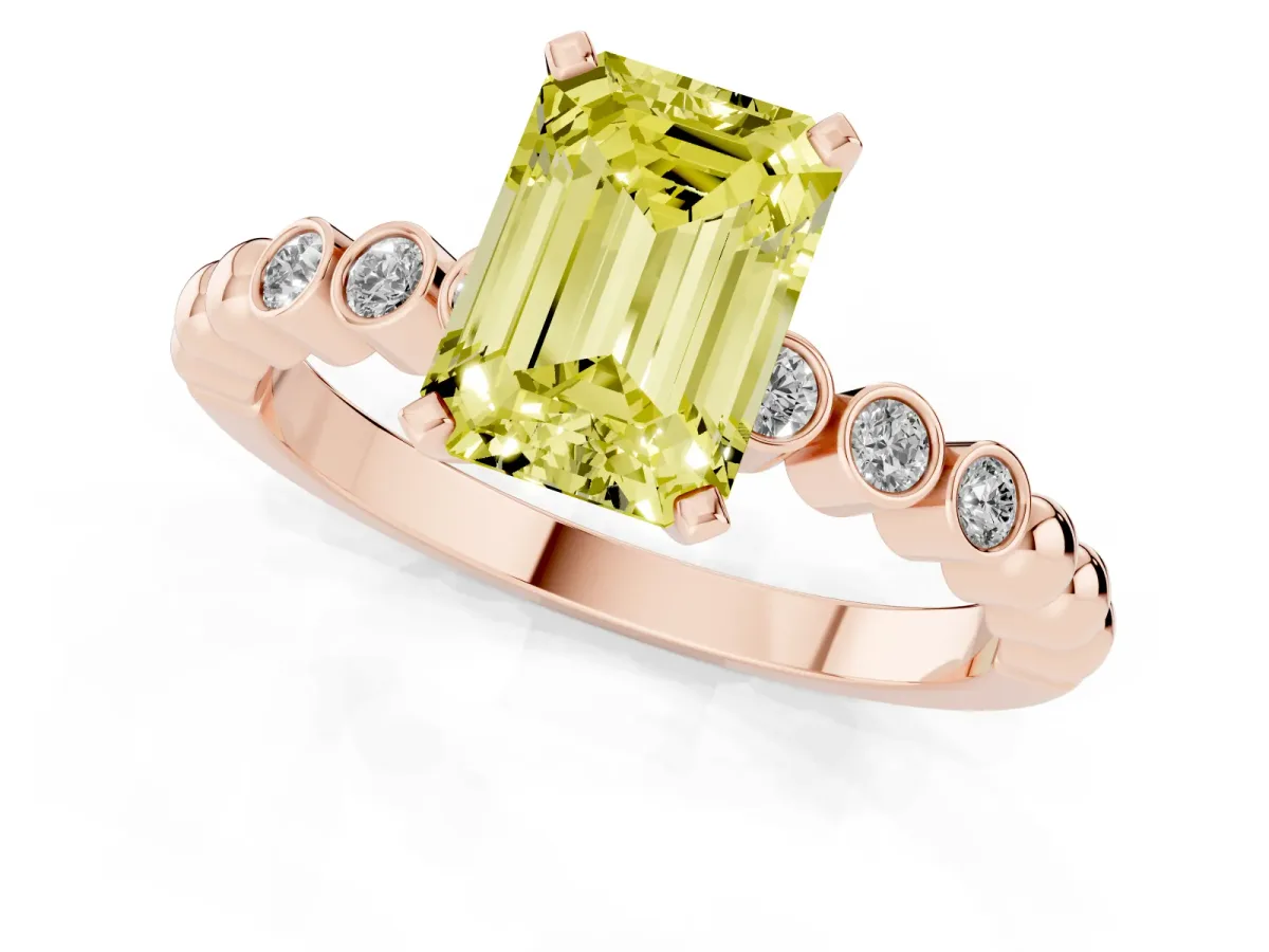 Fancy Yellow Emerald Cut Solitaire Bezel Accent Diamond Engagement Ring with Beaded Band and Four-Prong Setting Rose gold
