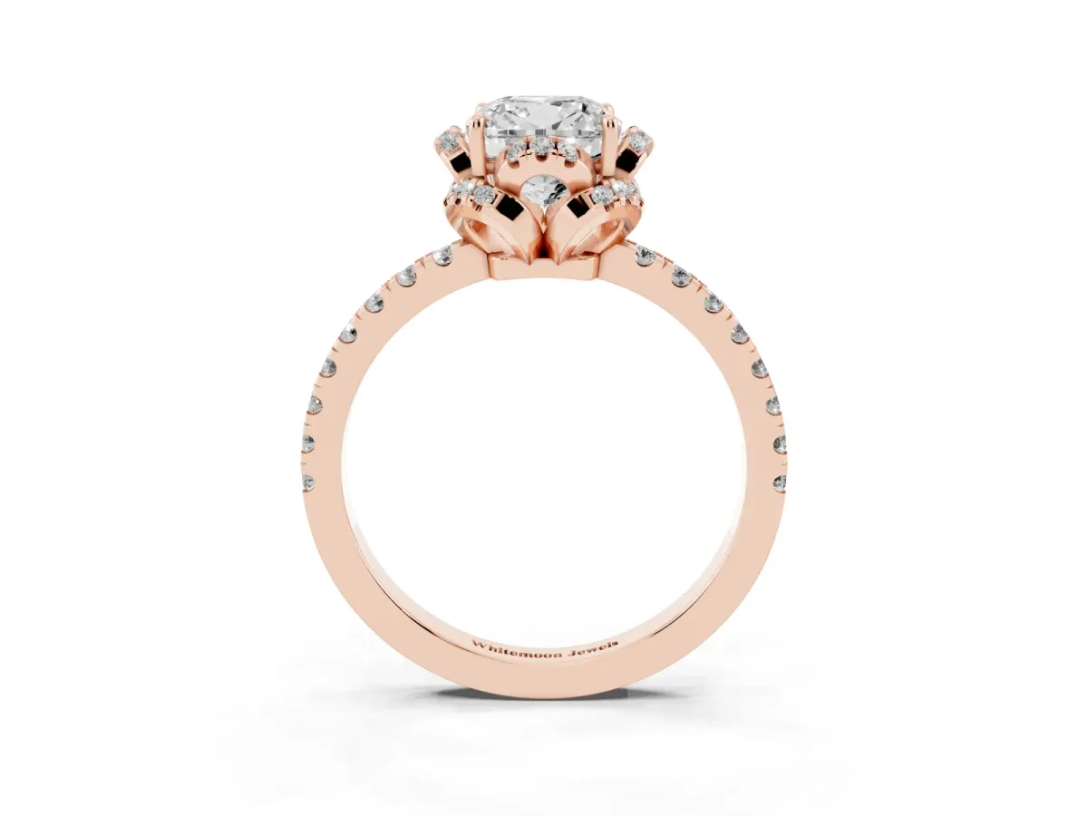 Cushion Cut Diamond Halo Pave Band with Four-Prong Setting Rose gold