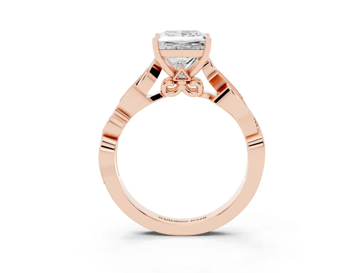 Princess Cut Solitaire Vine Band with Milgrain Prong Setting Rose gold