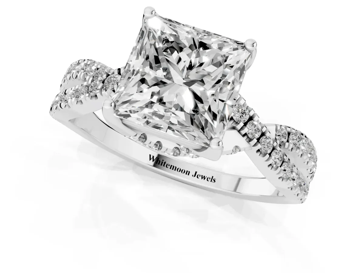 Princess Cut Solitaire Twist Pave Diamond Engagement Ring with Prong Setting Silver
