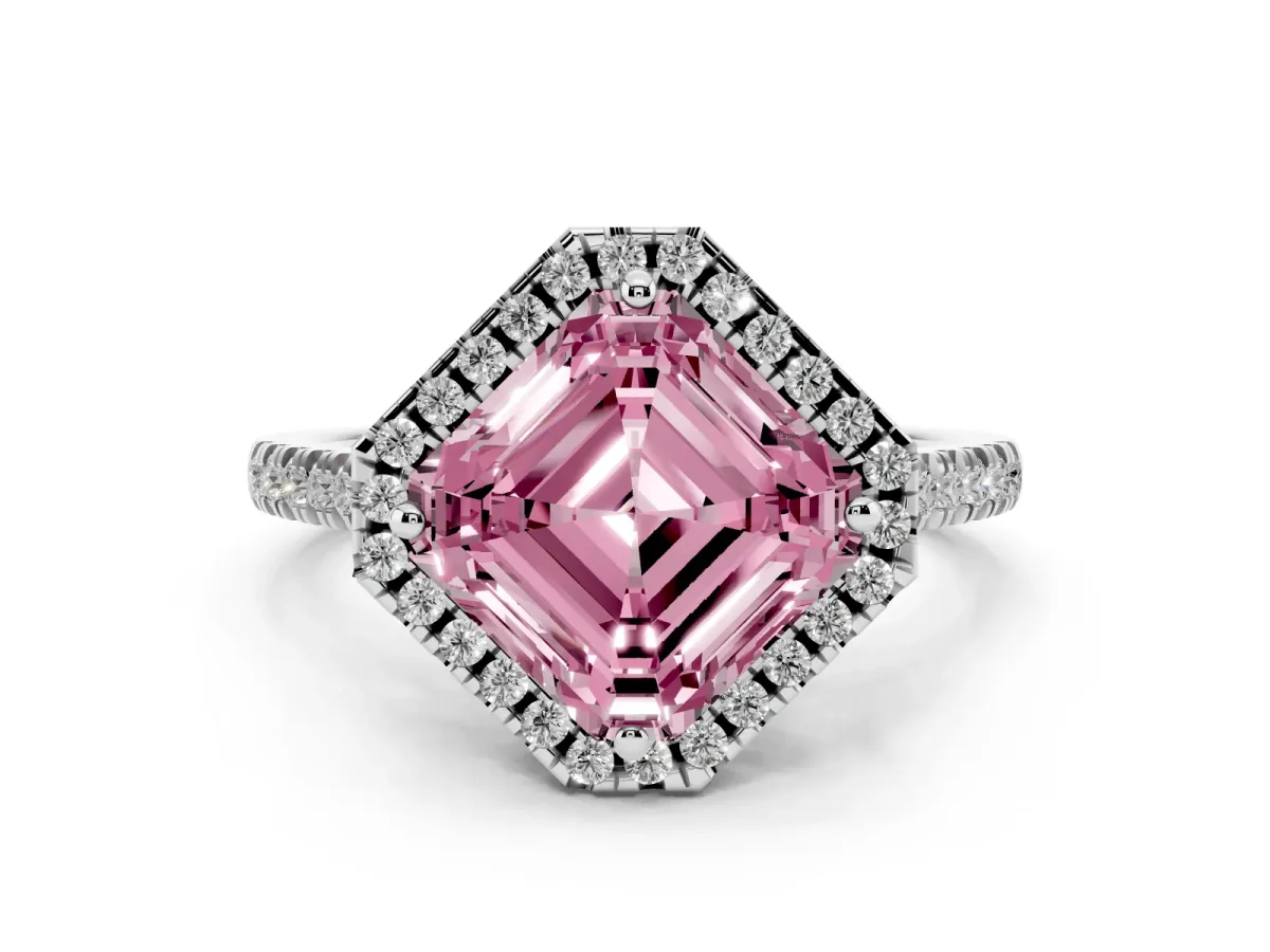 Fancy Pink Asscher Cut Diamond Cushion Halo Ring with Pavé Band Platinum