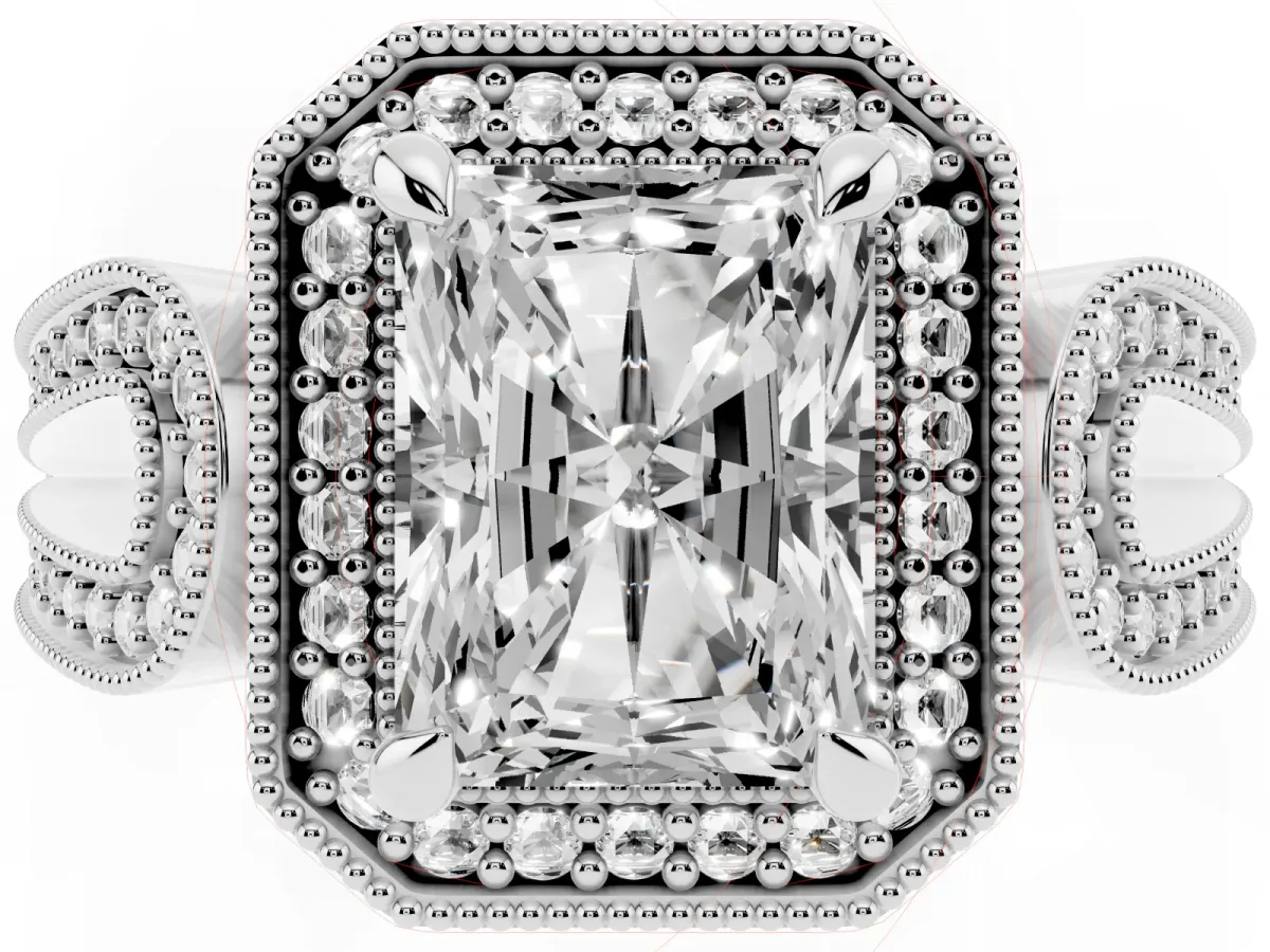 Radiant Cut Halo Split Shank Milgrain Diamond Ring Platinum