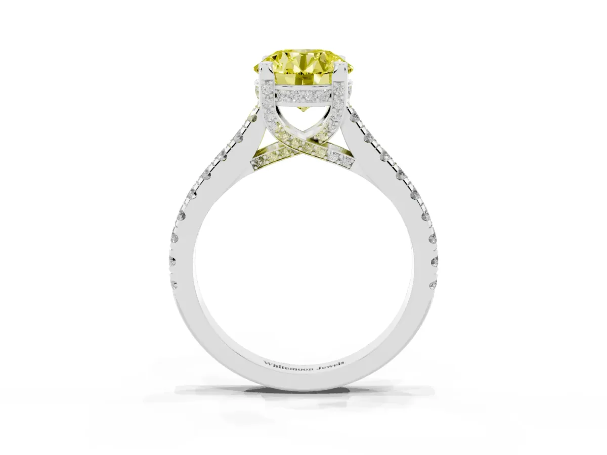 Fancy Yellow Round Cut Brilliant Diamond Solitaire with Pavé Band and Four-Prong Setting White gold