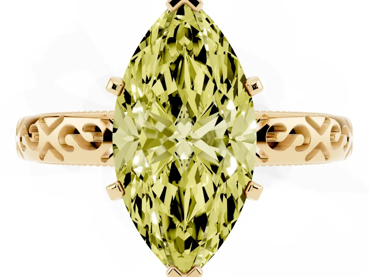 Fancy Yellow Marquise Cut Solitaire Engagement Ring with Scrollwork Band and Four-Prong Setting Yellow gold
