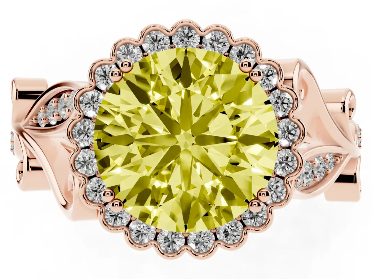 Fancy Yellow Round Cut Diamond Halo Ring with Vintage Split Shank and Four-Prong Setting Rose gold