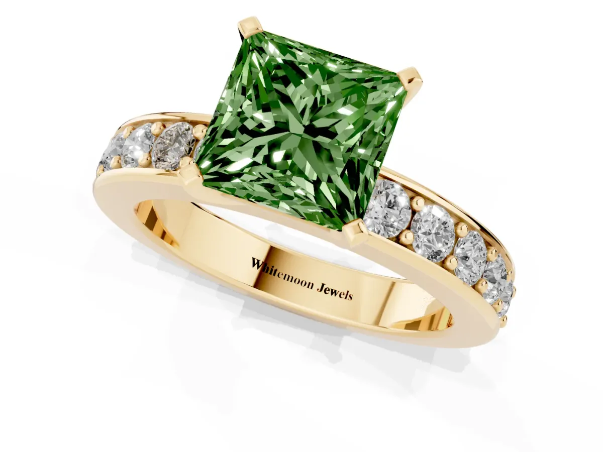 Fancy Green Princess Cut Diamond Engagement Ring with Channel Set Round Band and Prong Setting Yellow gold