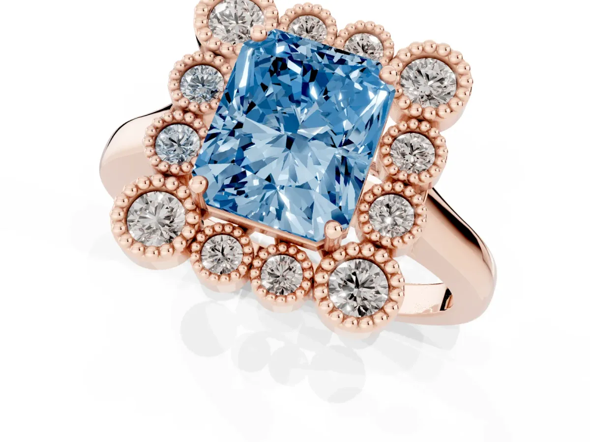Fancy Blue Radiant Cut Halo Diamond Cluster Engagement Ring with Milgrain Bezel Setting and Solitaire Band Rose gold