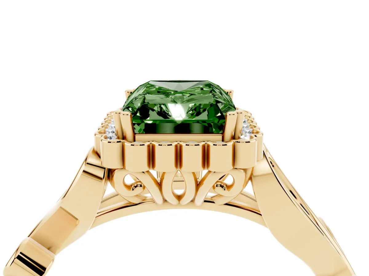 Fancy Green Radiant Cut Diamond Halo Ring with Vintage Split Shank and Four-Prong Setting Yellow gold