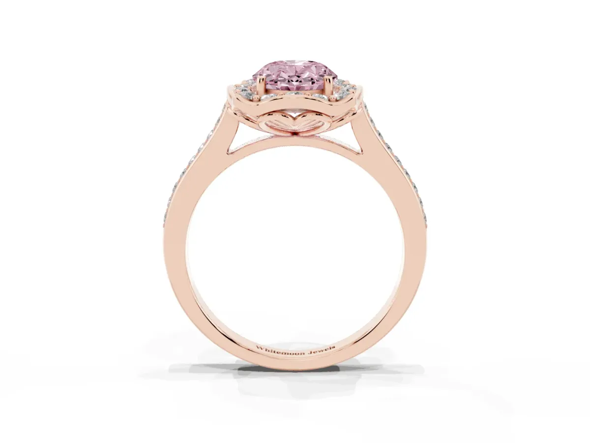 Fancy Pink Oval Cut Halo Round Diamond Pave Band with Four-Prong Setting Rose gold