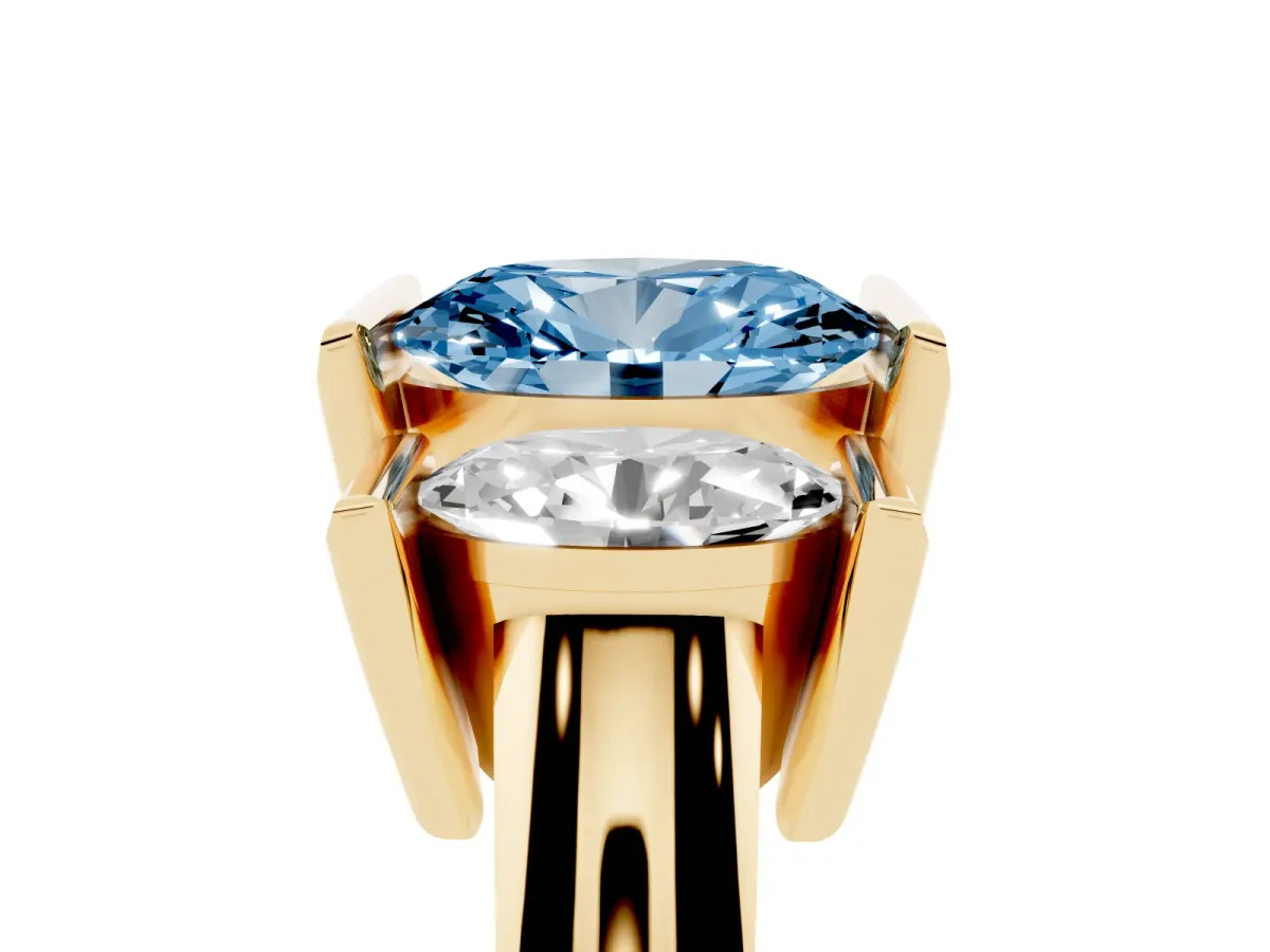 Fancy Blue Three Stone Oval Cut Cut Channel Set Diamond Ring Yellow gold