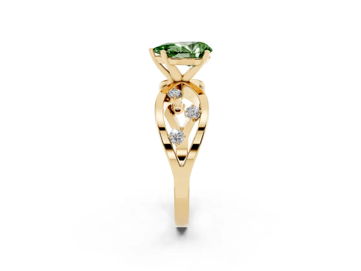 Fancy Green Pear Cut Cut Solitaire Diamond with Side Stones on Criss-Cross Band and Four-Prong Setting Yellow gold