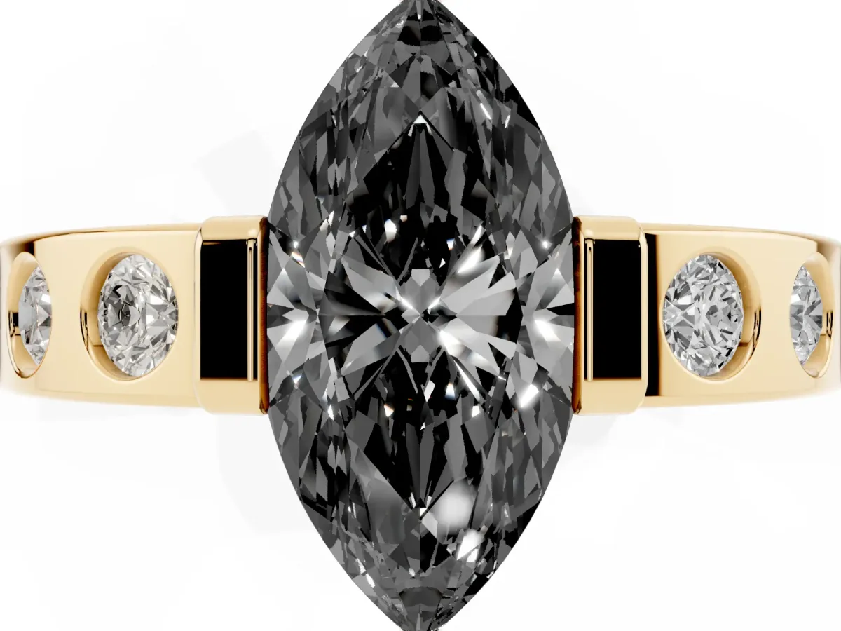 Fancy Black Marquise Cut Brilliant Channel-Set Diamond Ring with Bezel Prong Setting Yellow gold