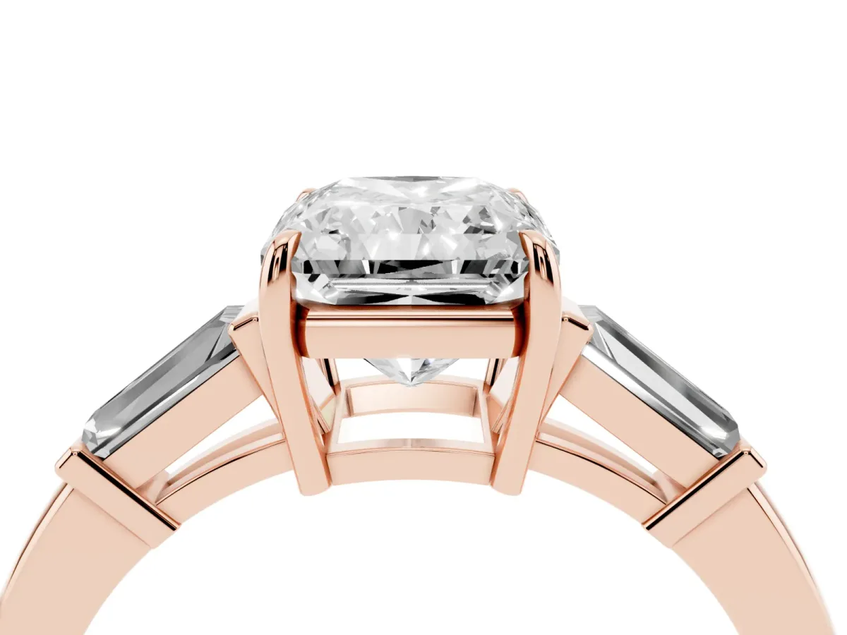 Radiant Cut Diamond Three-Stone Ring with Tapered Baguette Side Stones and Prong Setting Rose gold