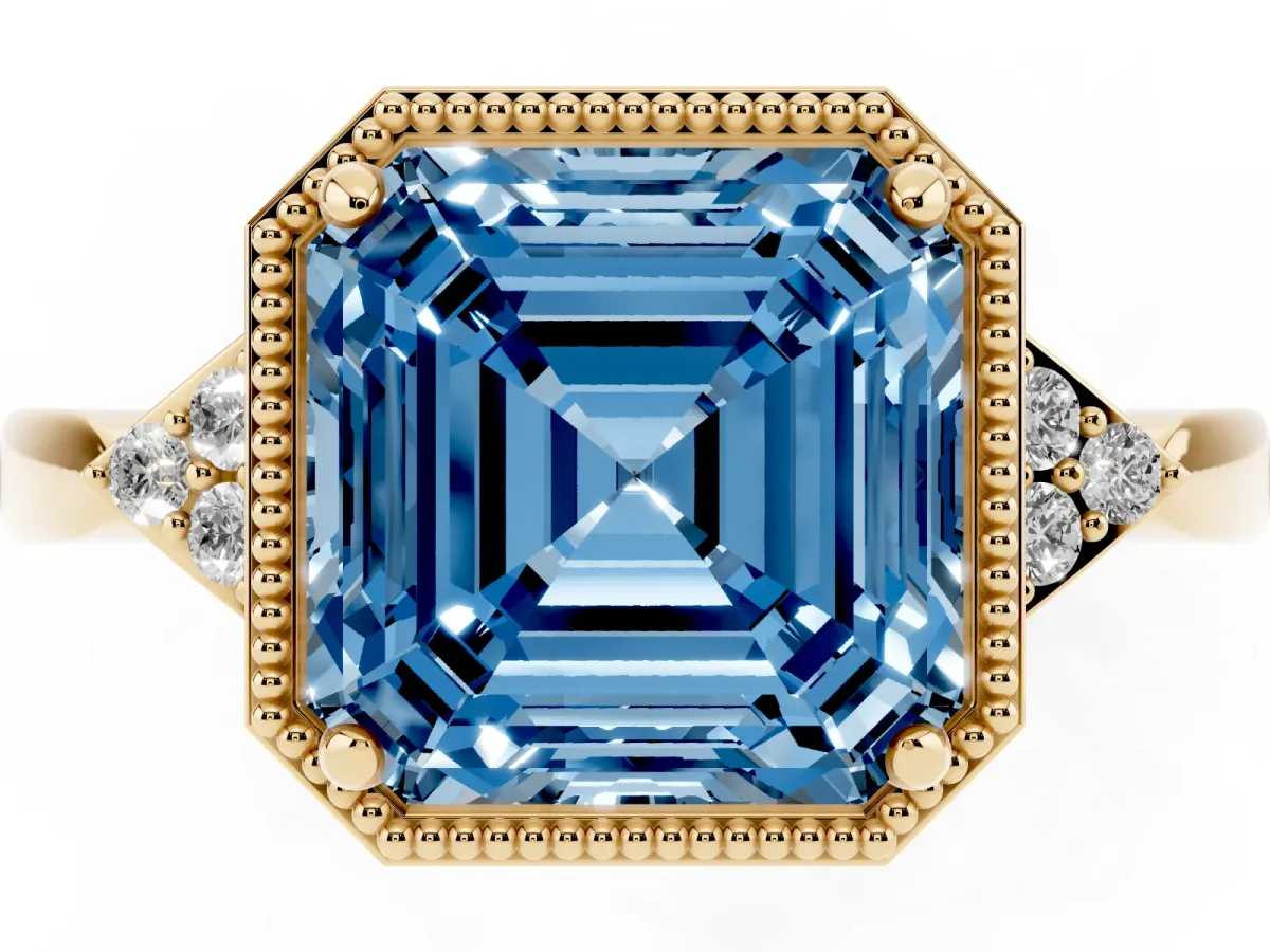 Fancy Blue Milgrain Asscher Cut Cut Diamond Ring with Tapered Pave Band and Four Prong Setting Yellow gold