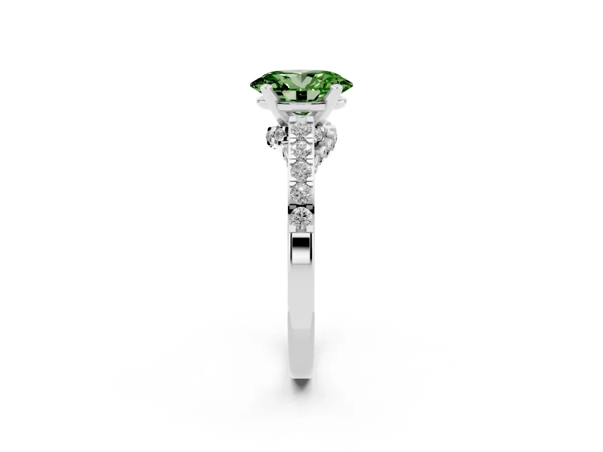 Fancy Green Oval Cut Diamond Solitaire Ring with Crossover Gallery and Round Pavé Band White gold
