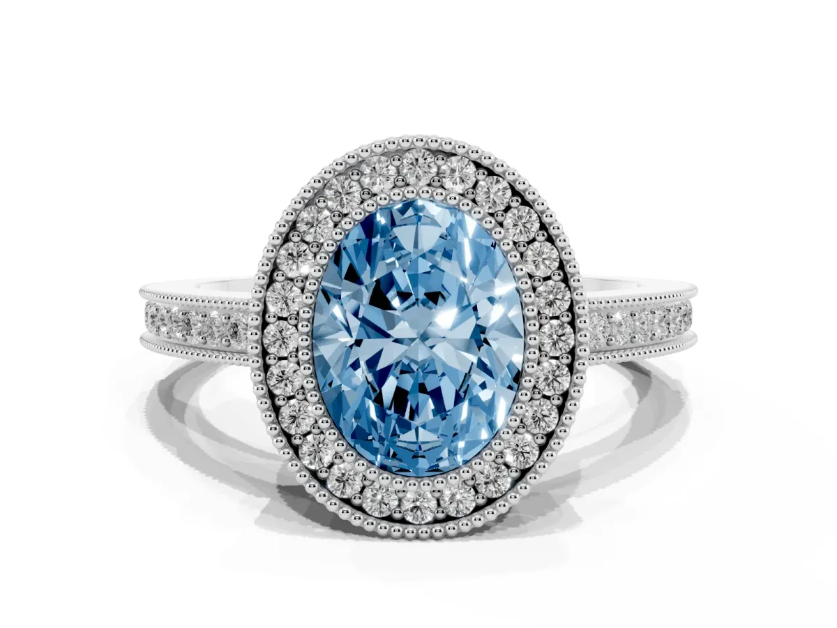 Fancy Blue Oval Cut Cut Halo Diamond Ring with Pavé Band and Milgrain Prong Setting Silver