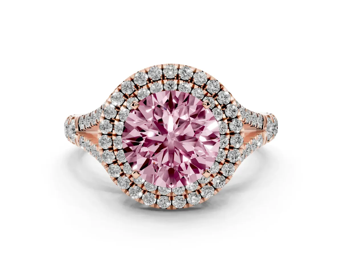 Fancy Pink Round Cut Diamond Double Halo Ring with Split Shank and Prong Setting Rose gold