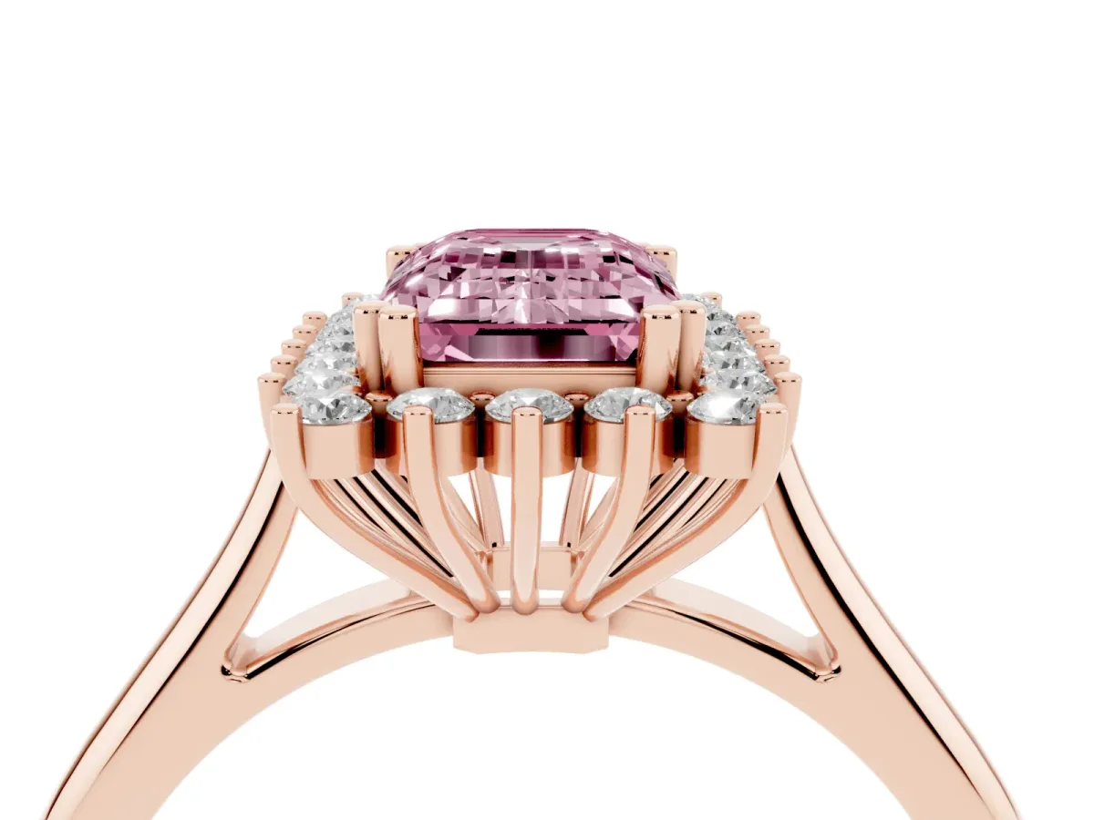 Fancy Pink Emerald Cut Cut Diamond Halo Ring with Solitaire Band and Prong Setting Rose gold