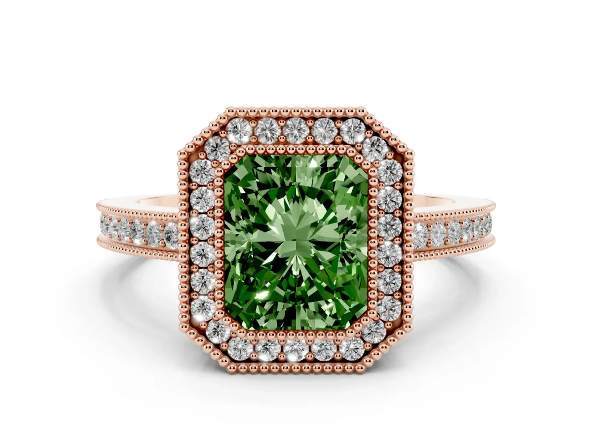 Fancy Green Radiant Cut Cut Halo Diamond Ring with Pavé Band and Milgrain Prong Setting Rose gold