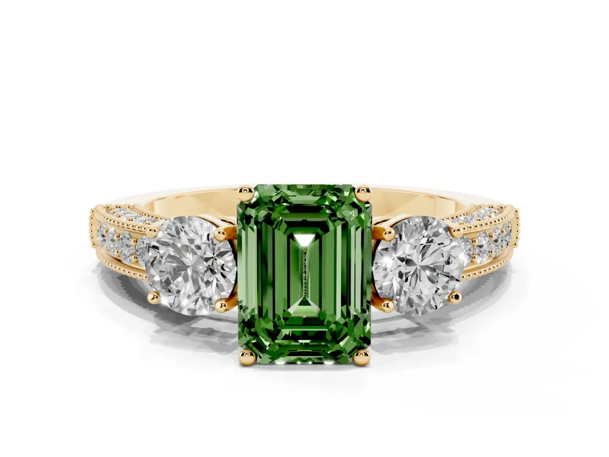 Fancy Green Emerald Cut Three-Stone Diamond Ring with Pavé Band and Four-Prong Setting Yellow gold