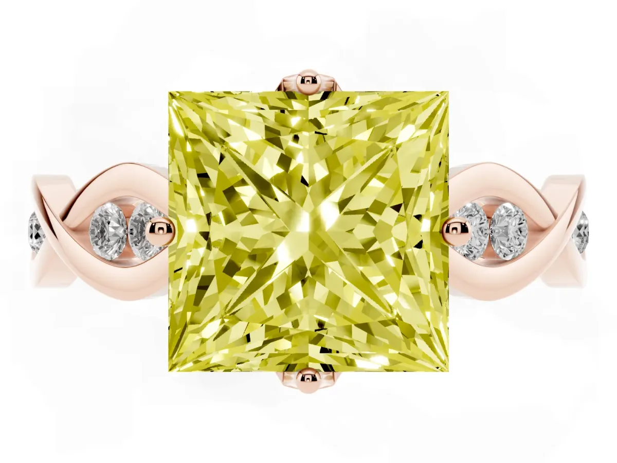 Fancy Yellow Princess Cut Solitaire Twist Band with Leaf Prong Setting Rose gold