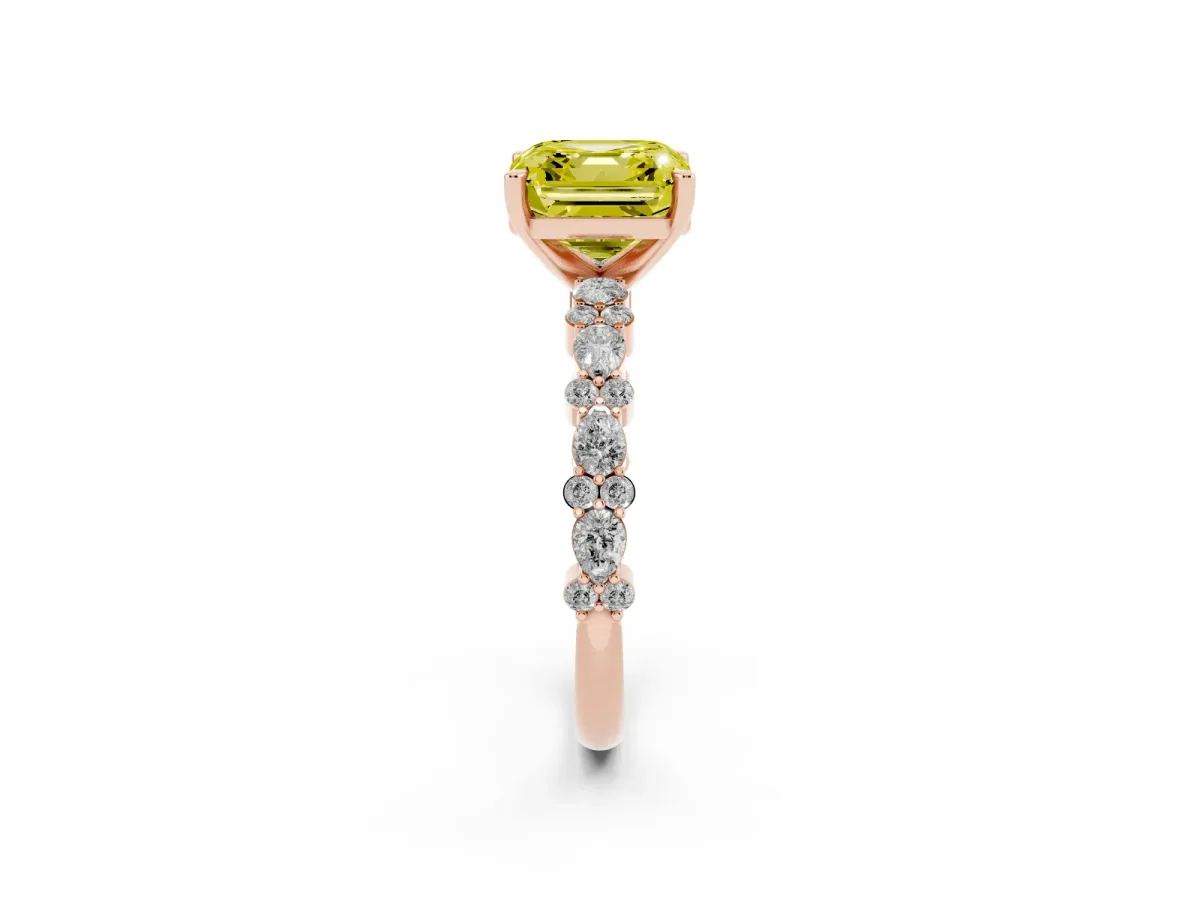 Fancy Yellow Asscher Cut Diamond Side Stone Solitaire Ring with Round and Four-Prong Setting Rose gold