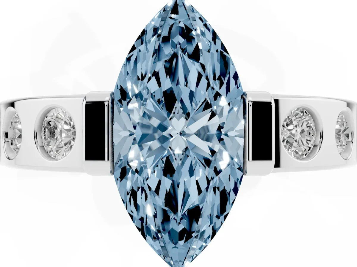 Fancy Blue Marquise Cut Brilliant Channel-Set Diamond Ring with Bezel Prong Setting Silver
