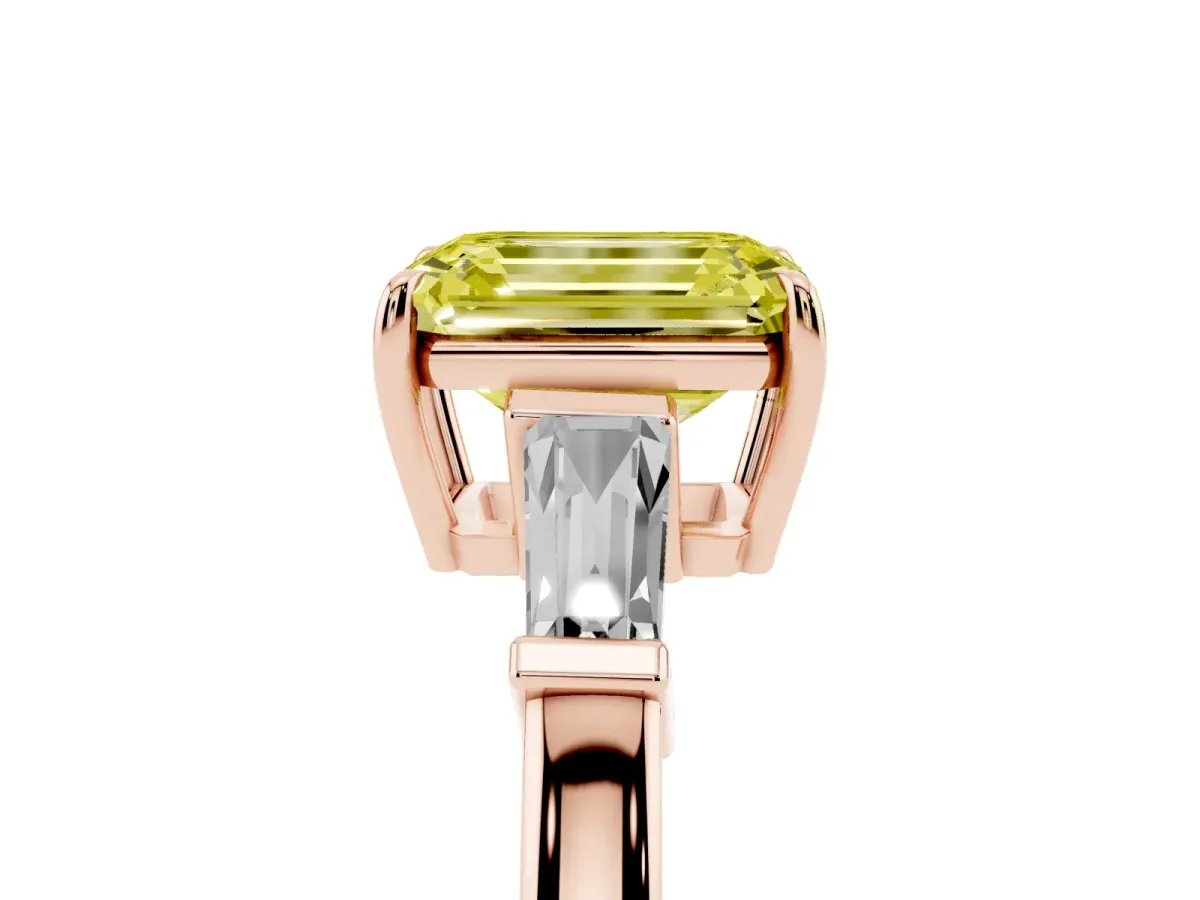 Fancy Yellow Emerald Cut Diamond Three-Stone Ring with Tapered Baguette Side Stones and Prong Setting Rose gold