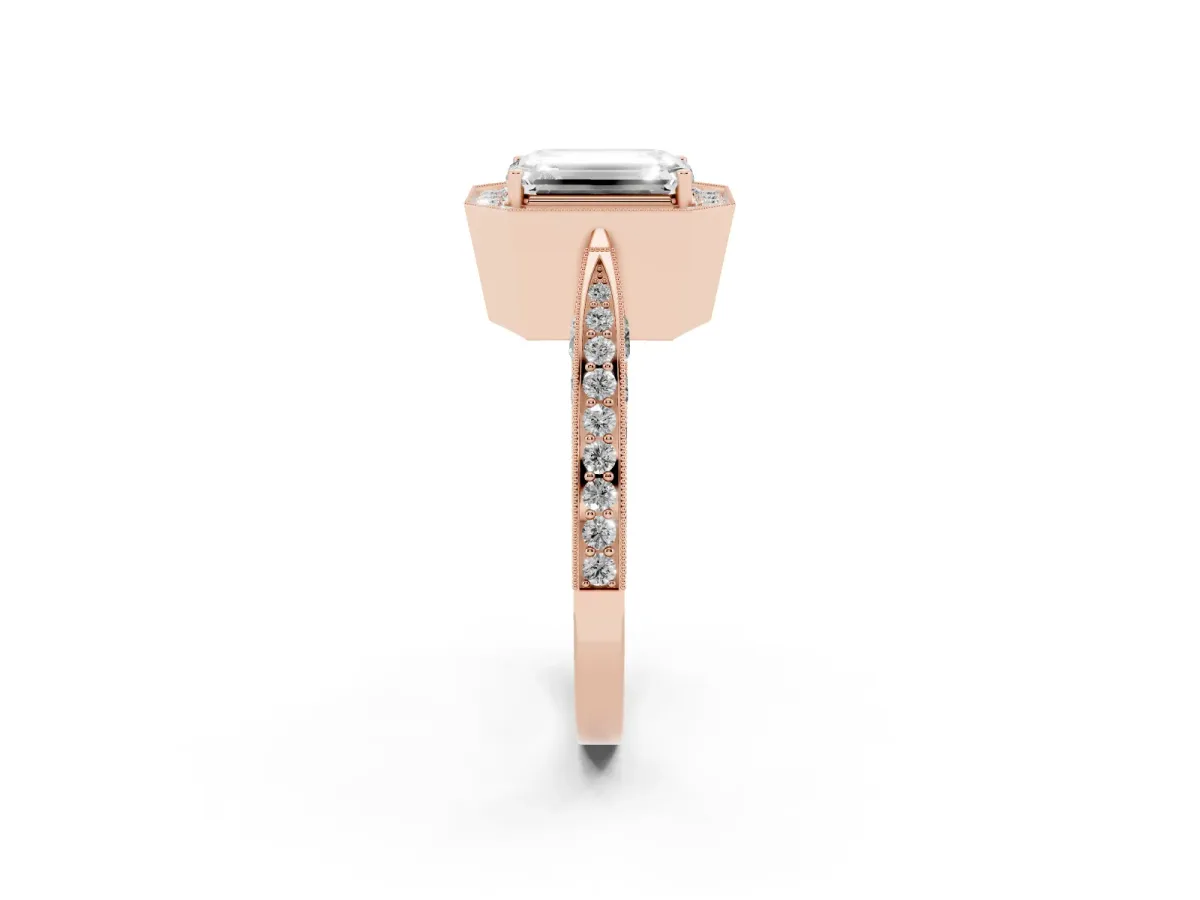 Emerald Cut Halo Diamond Engagement Ring with Split Shank Band and Four-Prong Setting Rose gold