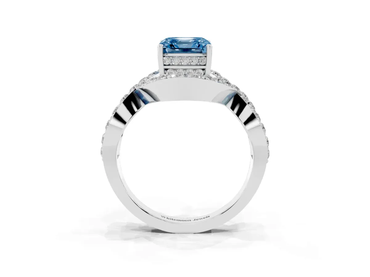 Fancy Blue Asscher Cut Solitaire Twist Band Pavé Diamond Engagement Ring Platinum