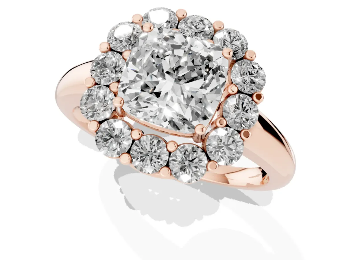 Cushion Cut Halo Cluster Diamond Engagement Ring with Prong Setting and Polished Band Rose gold