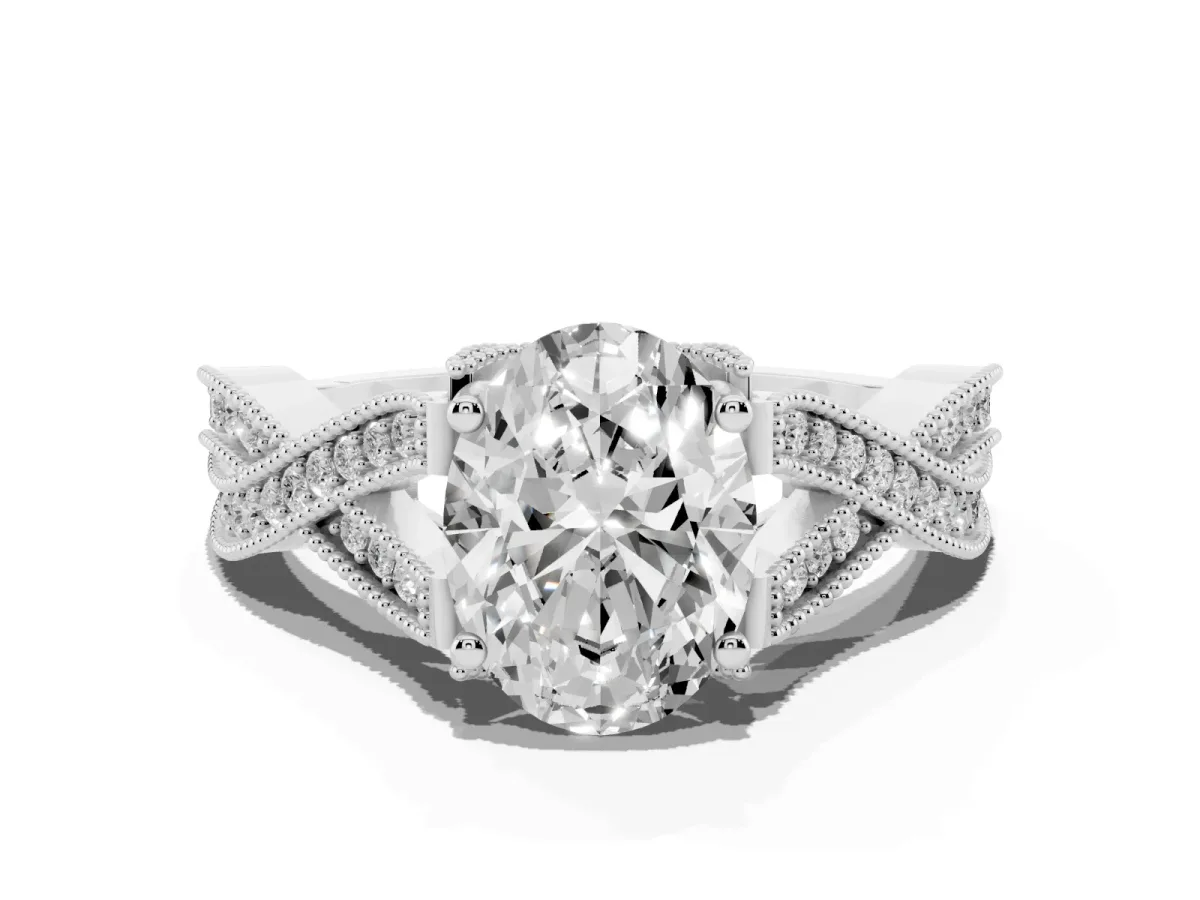 Oval Cut Cut Diamond Twisted Band with Milgrain Pave Setting and Four-Prong Setting Silver
