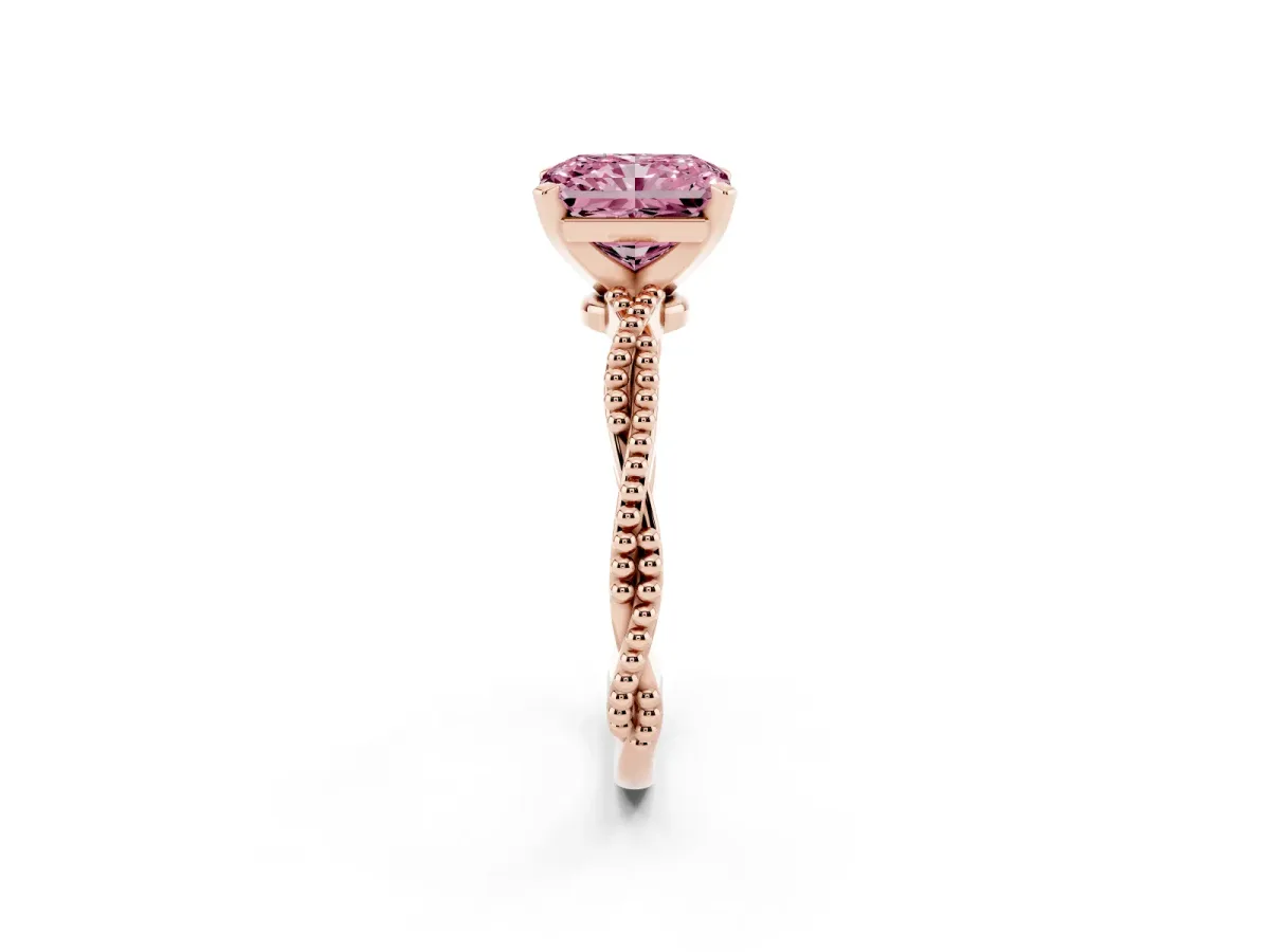 Fancy Pink Radiant Cut Solitaire Twisted Band with Bead Prong Setting Rose gold
