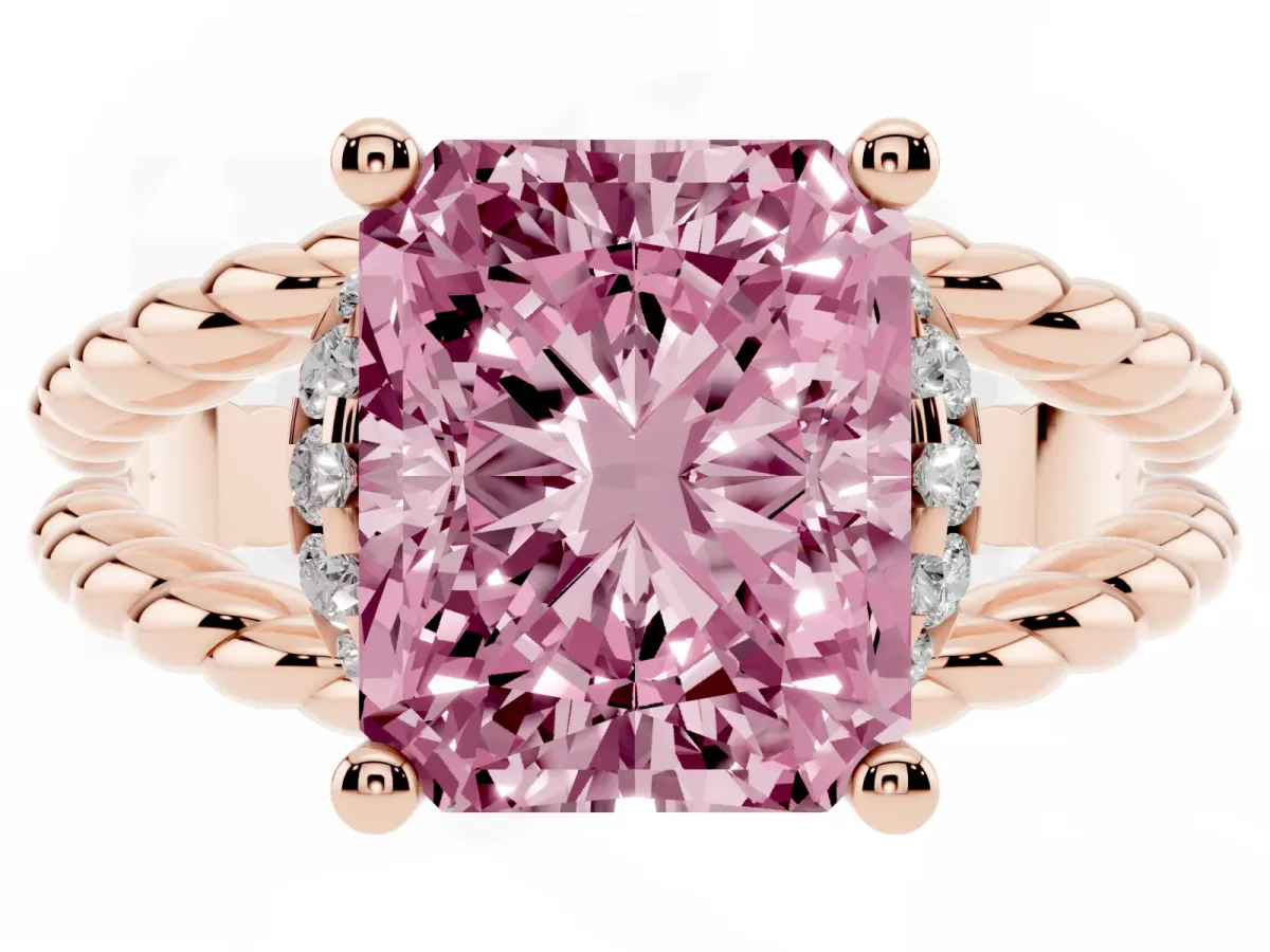 Fancy Pink Radiant Cut Halo Twisted Band Four-Prong Ring Rose gold