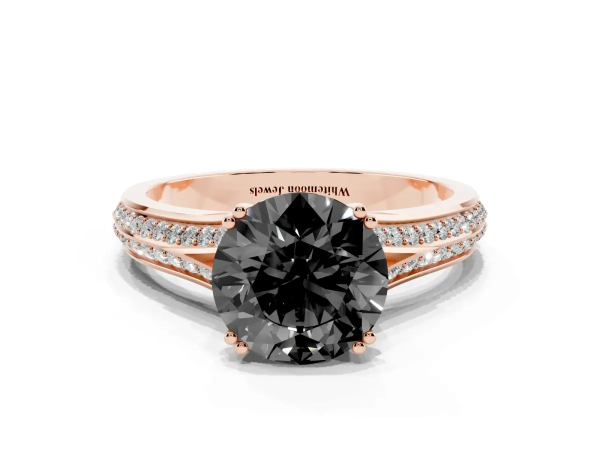 Fancy Black Round Cut Diamond Split Shank Engagement Ring with Pavé Band Rose gold