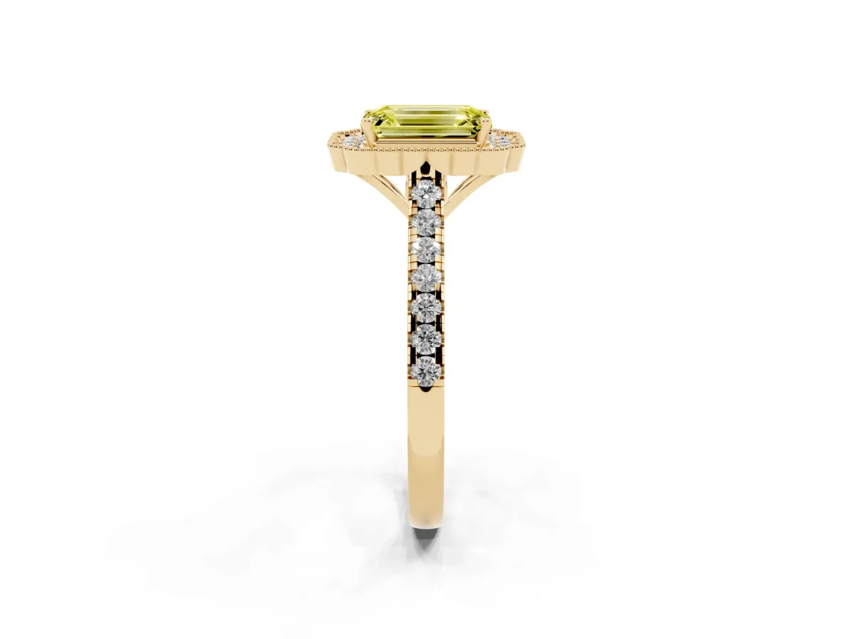 Fancy Yellow Emerald Cut Cut Diamond Milgrain Floral Halo Engagement Ring with Pavé Band Yellow gold