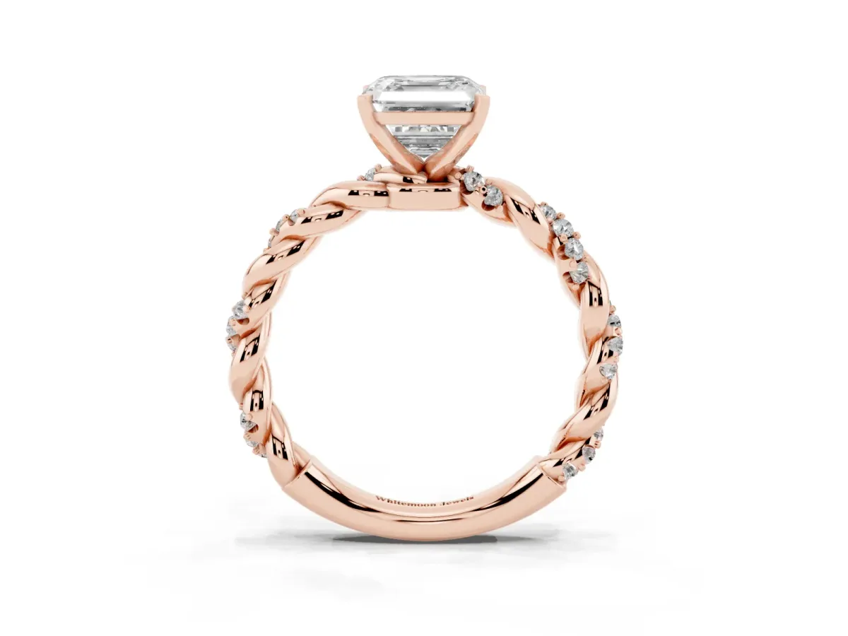 Asscher Cut Diamond Solitaire Ring with Twisted Band and Pavé Accents Rose gold