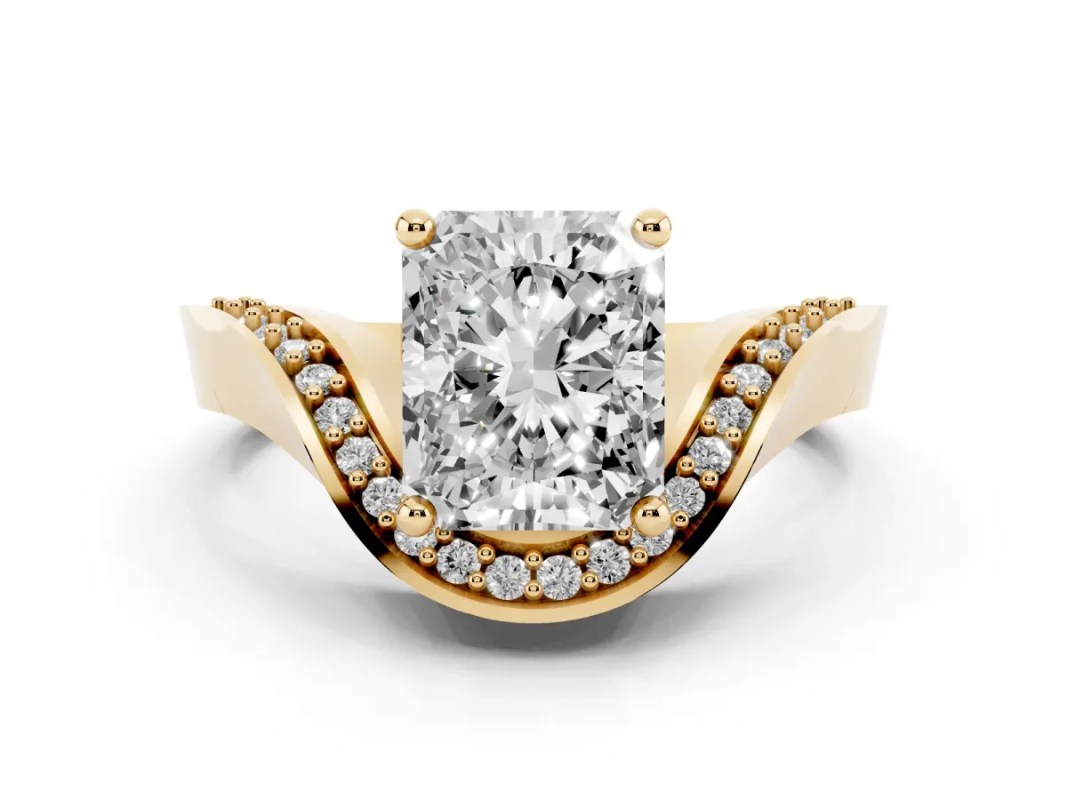 Radiant Cut Solitaire Diamond Engagement Ring with Pave Band and Four-Prong Setting Yellow gold