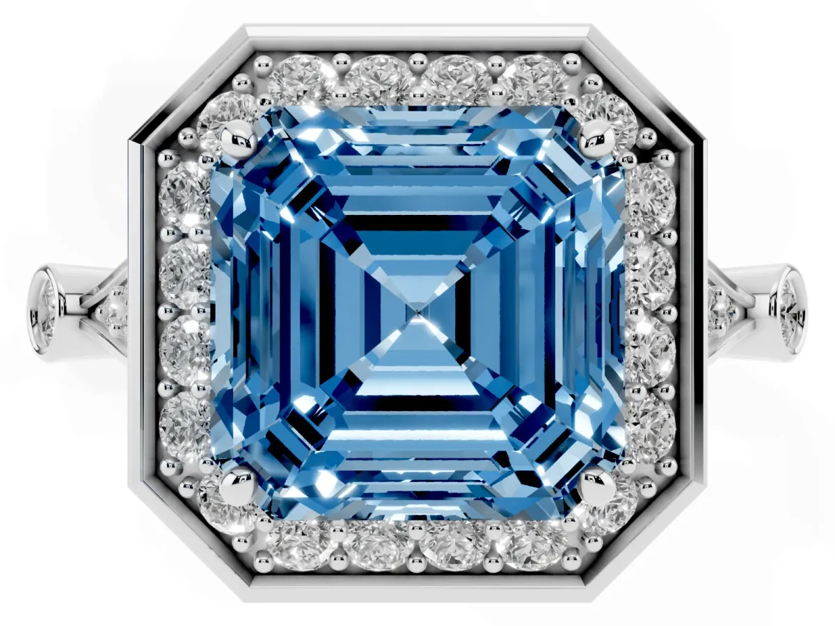 Fancy Blue Asscher Cut Halo Diamond Engagement Ring with Twisted Band and Four-Prong Setting White gold